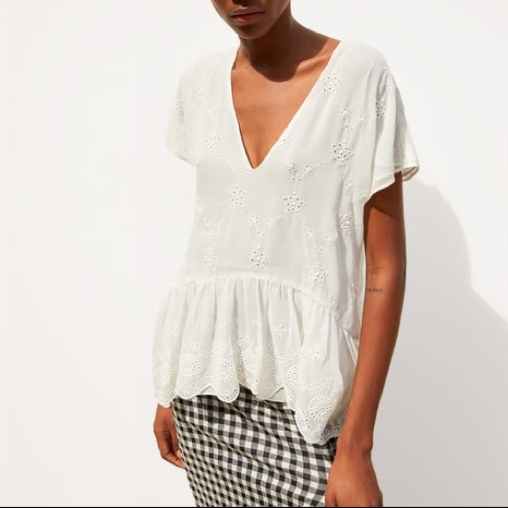 ZARA Embroidered Boho Chiffon Eyelet Blouse sz Large